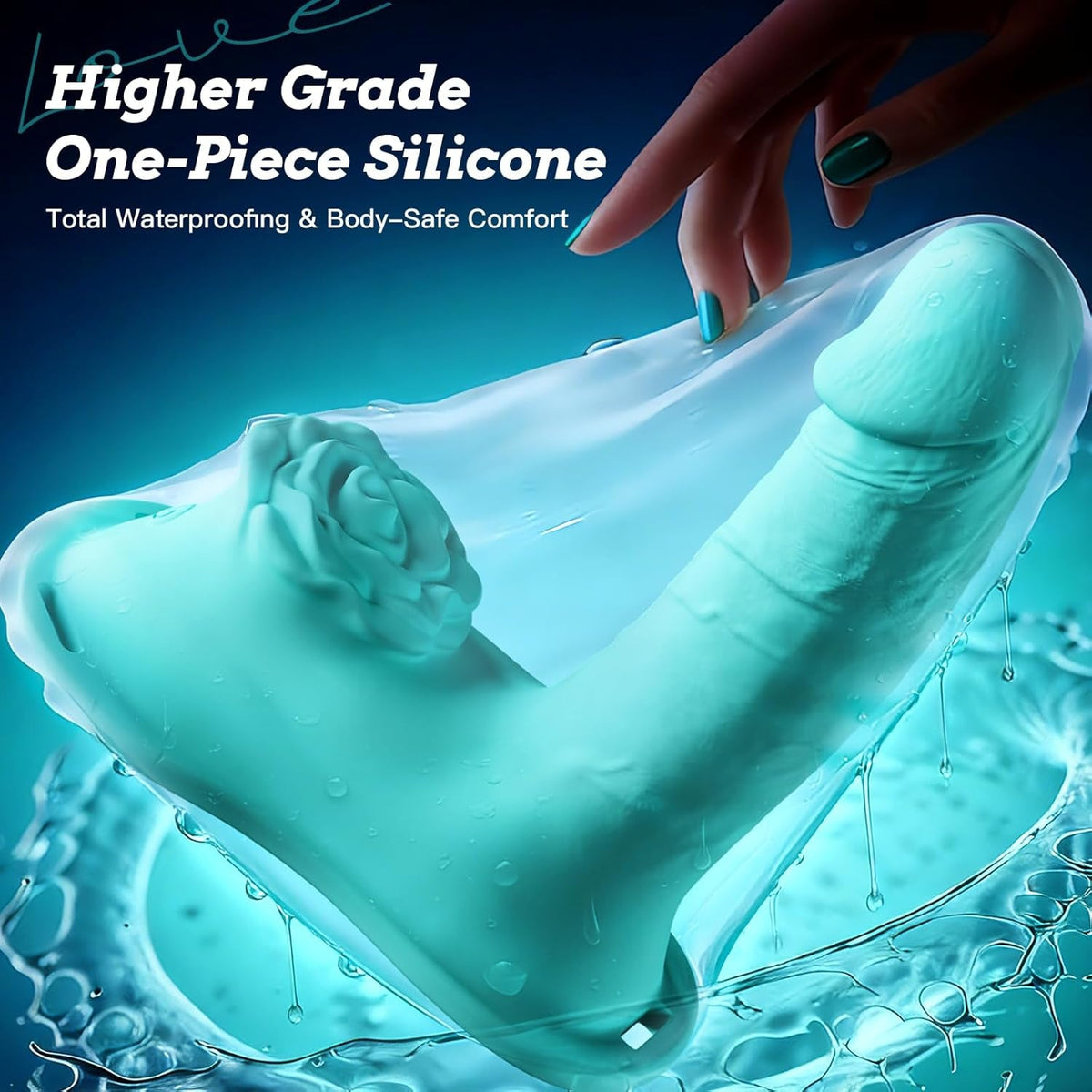 Teal one-piece silicone thrusting toy with wavy rose texture on the surface