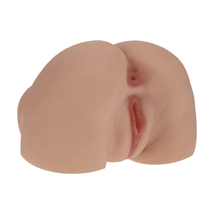 Skin-tone dual-entry masturbator sleeves, side view showing two openings