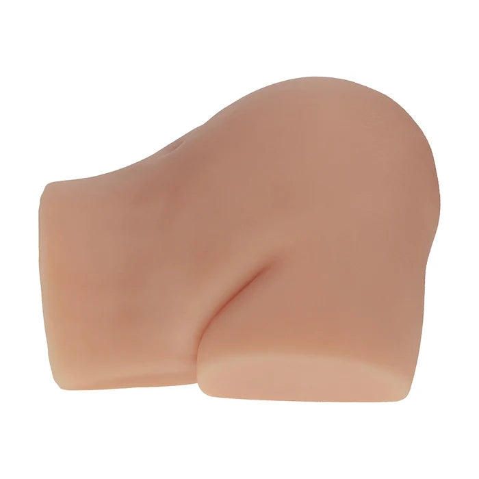 Single side view of skin-tone dual-entry masturbator sleeve, smooth surface