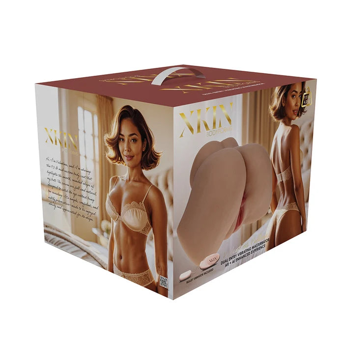 Xkin dual-entry vibrating masturbator retail box with product photo and brand name