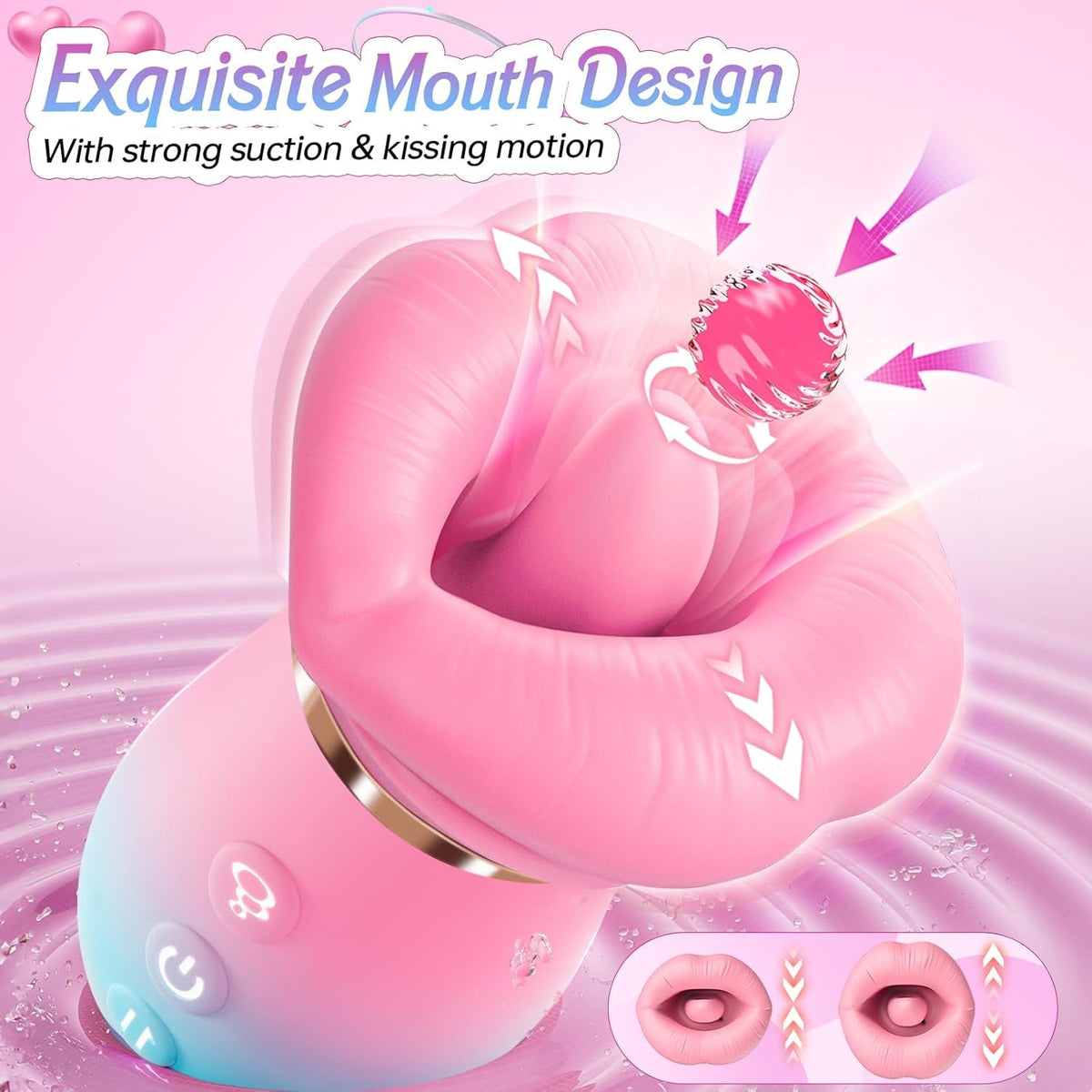 Pink suction stimulator with molded mouth opening and gold ring detail.