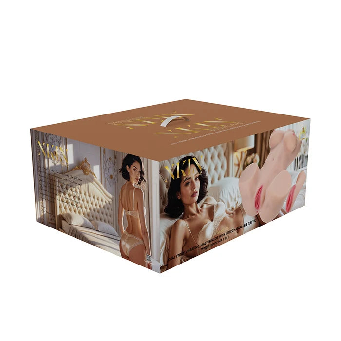 Xkin Bodyforms dual entry vibrating masturbator packaging with beige device image and models
