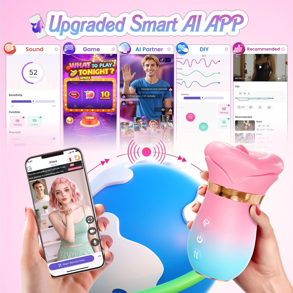 Teal and pink app-controlled smart suction stimulator with gold ring and suction tip.