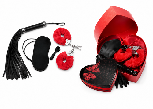 Date night kit with heart-shaped black eye masks, red plush cuffs, tassels, and pouch