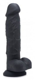 Black adult dildo upright view, curved tip with flared base