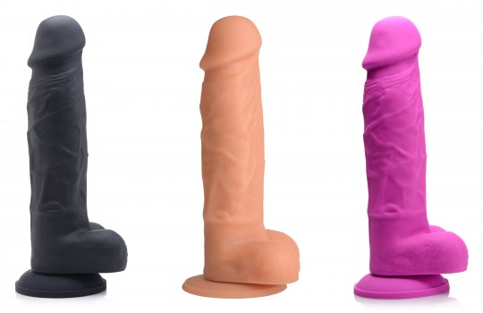 Adult dildo set shown in black, tan, and pink with flared bases