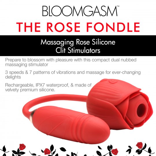 The Midnight Rose red dual nubs silicone rose massager with curved suction body