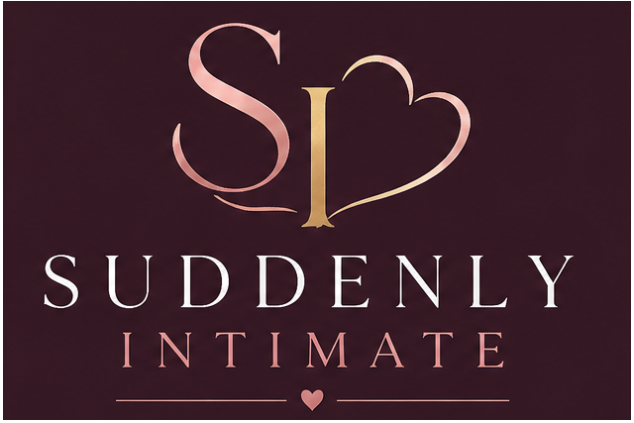 A digital logo graphic for 'Suddenly Intimate' featuring a stylized 'SI' monogram with a heart outline in rose gold and gold, above the text 'SUDDENLY INTIMATE' in white and rose gold on a dark maroon background.