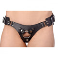 Black thong-style harness with front O-ring, buckles, and adjustable waist strap