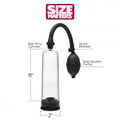 Manual see-through penis pump with black squeeze bulb and quick-release hose