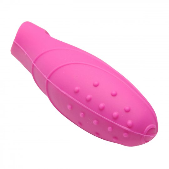 Pink silicone vibrating massager with textured ridges