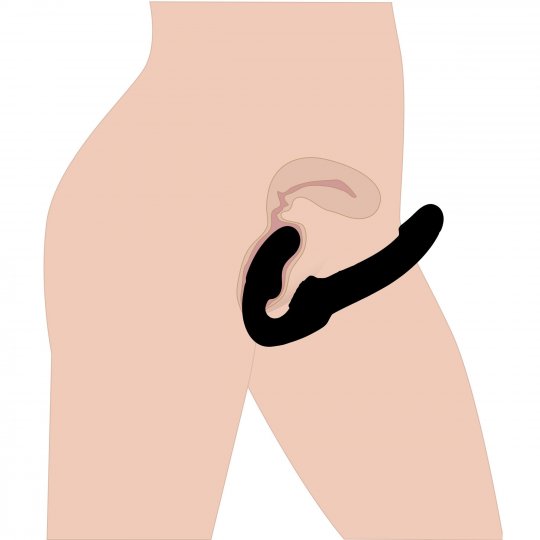 Black curved personal massager plug shown on model with textured contact tip