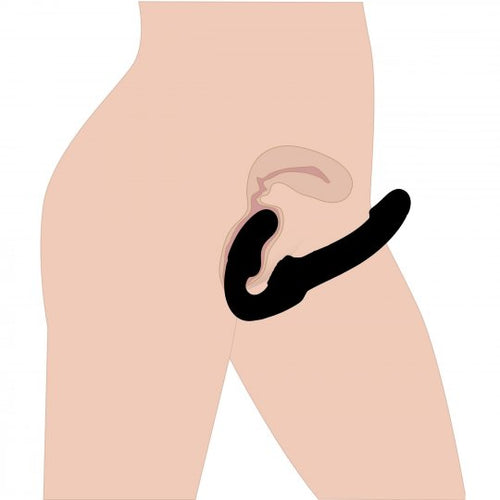 Black curved personal massager plug shown on model with textured contact tip