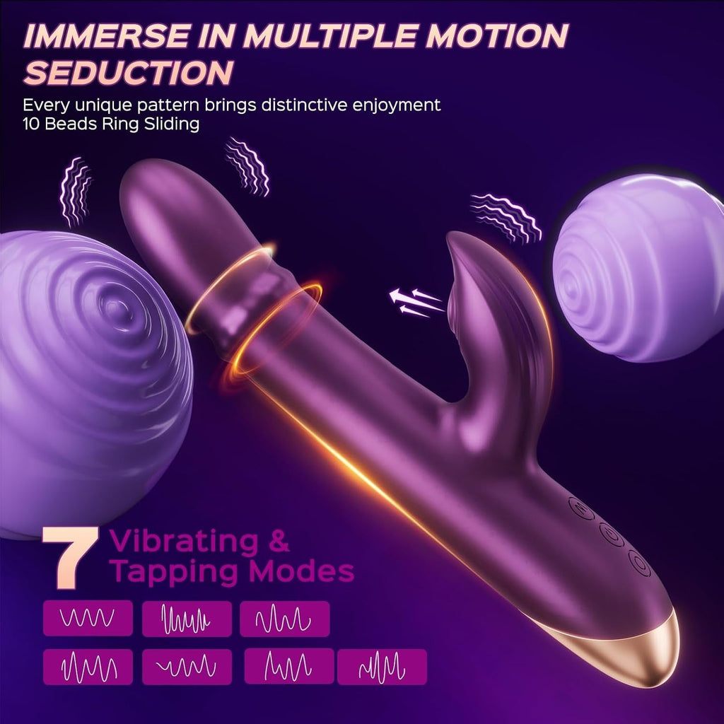 Purple rabbit vibrator with curved ear arm and ring-shaped sliding beads detail