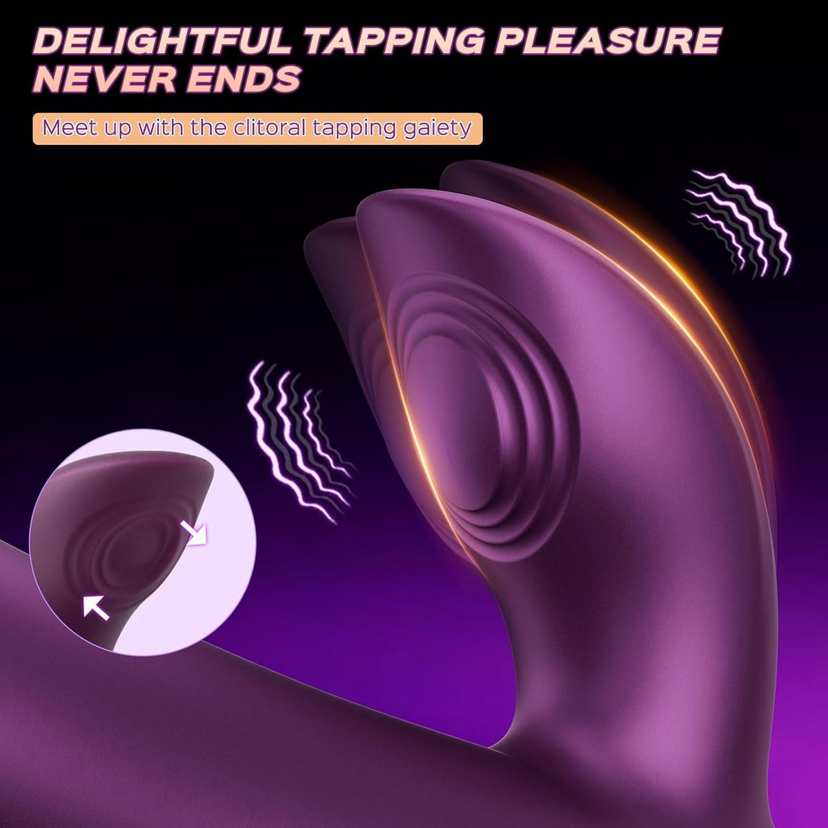 Purple rabbit vibrator with wide circular ear pad and tapping arm detail