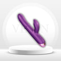 Purple rabbit-style 3-in-1 vibrator with two rounded ears and glossy silicone finish