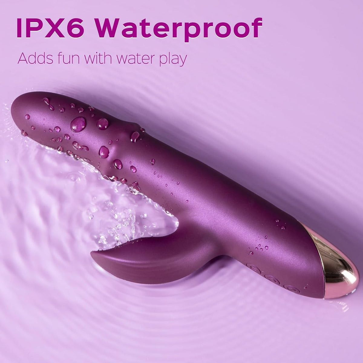 Purple waterproof rabbit vibrator with water droplets on smooth body