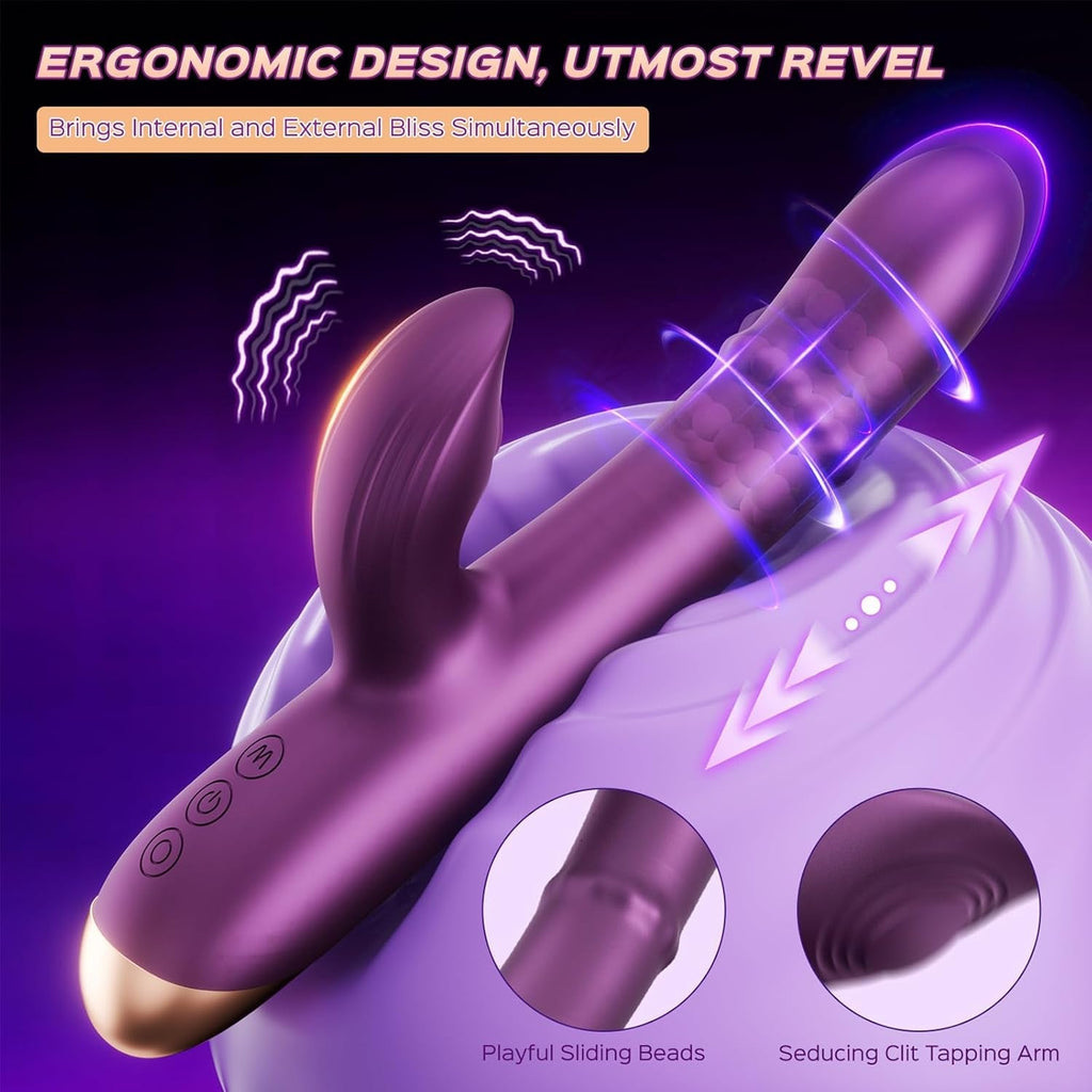 Purple ergonomic rabbit vibrator with curved ear arm and sliding bead design