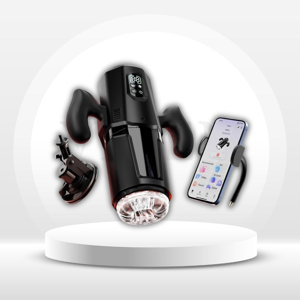 Automatic penis stroker with dual black handles and LED control screen