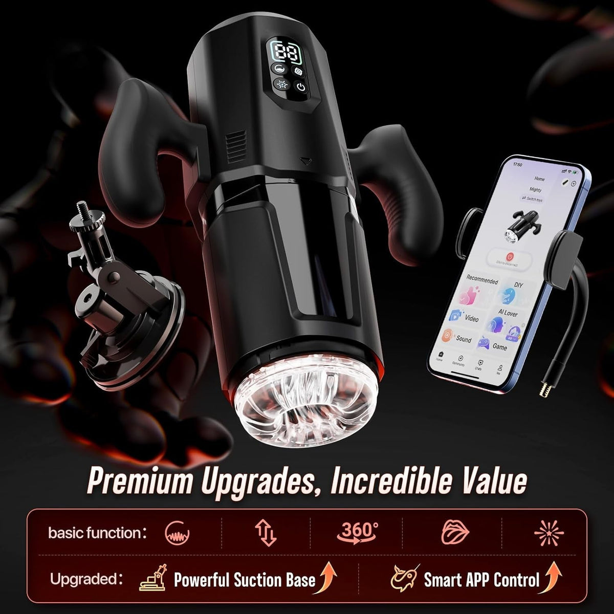 Automatic stroker with app-controlled settings and dual black handle grips