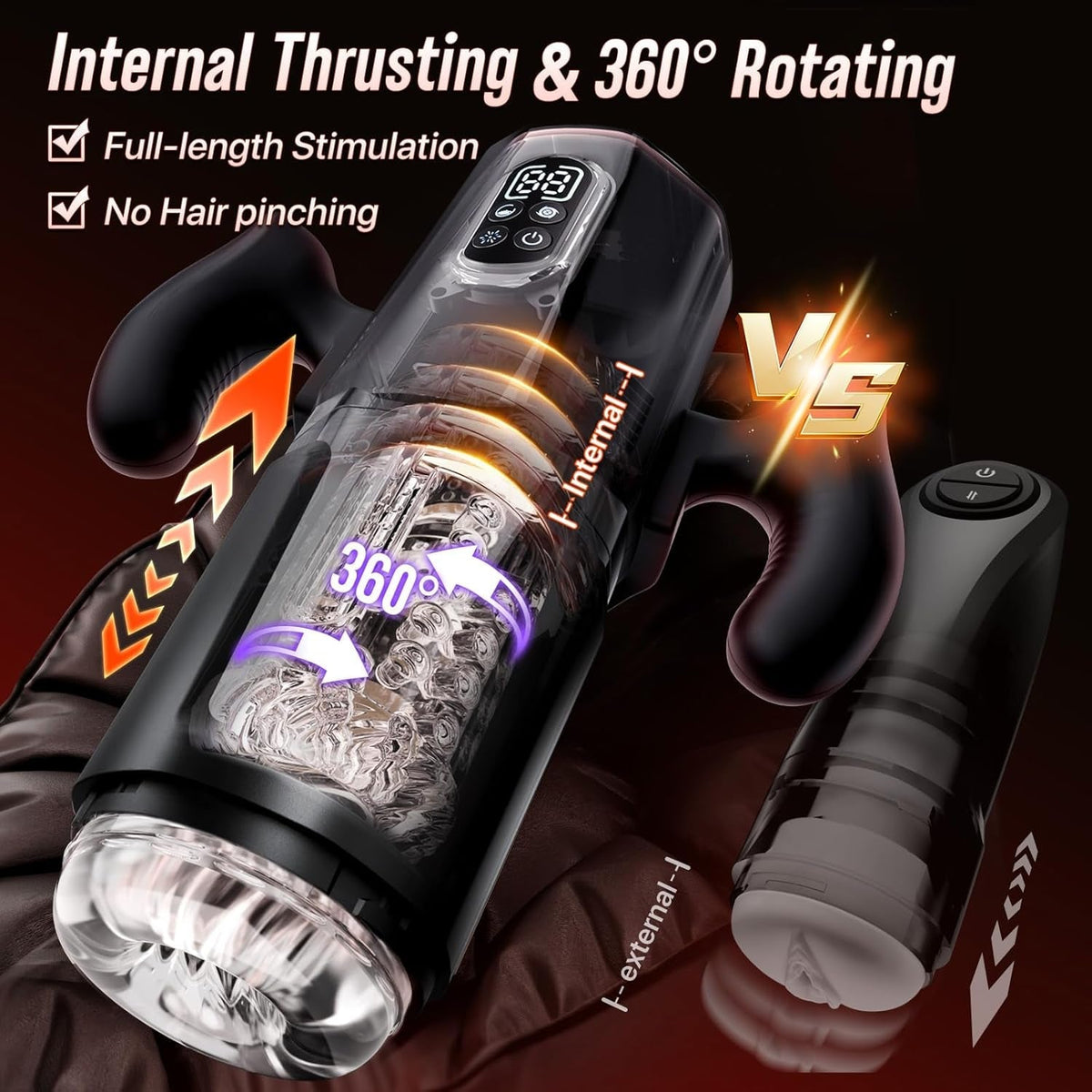 360° rotating internal thrusting stroker with dual handle grips