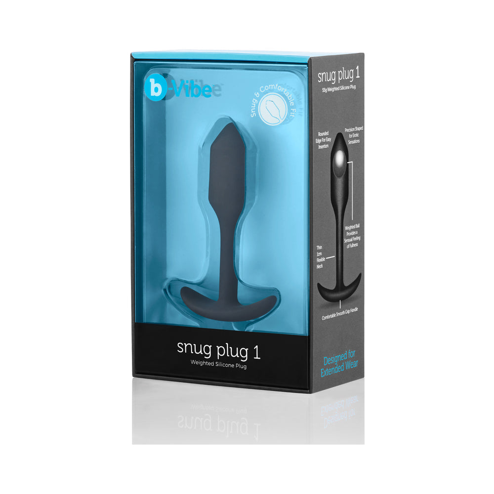 b-Vibe Snug plug 1 weighted silicone anal plug retail box with product shown