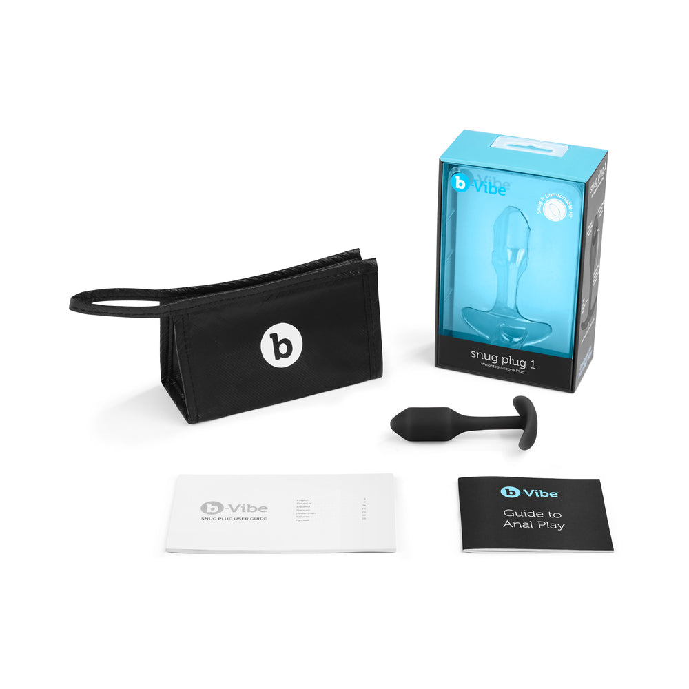 Black weighted anal plug with black storage pouch and instruction materials set