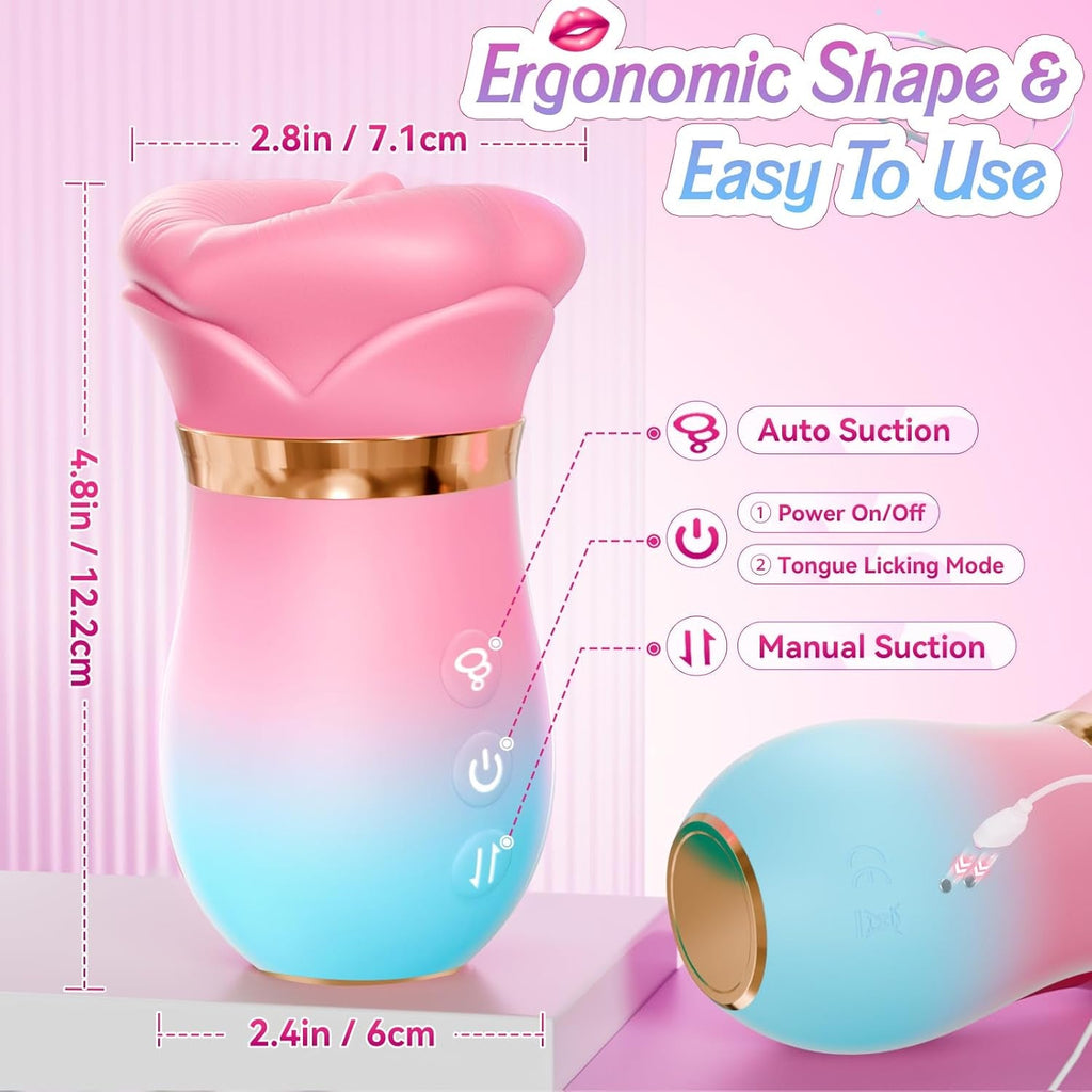 Ergonomic pink-and-teal smart suction stimulator with gold base ring and control buttons.