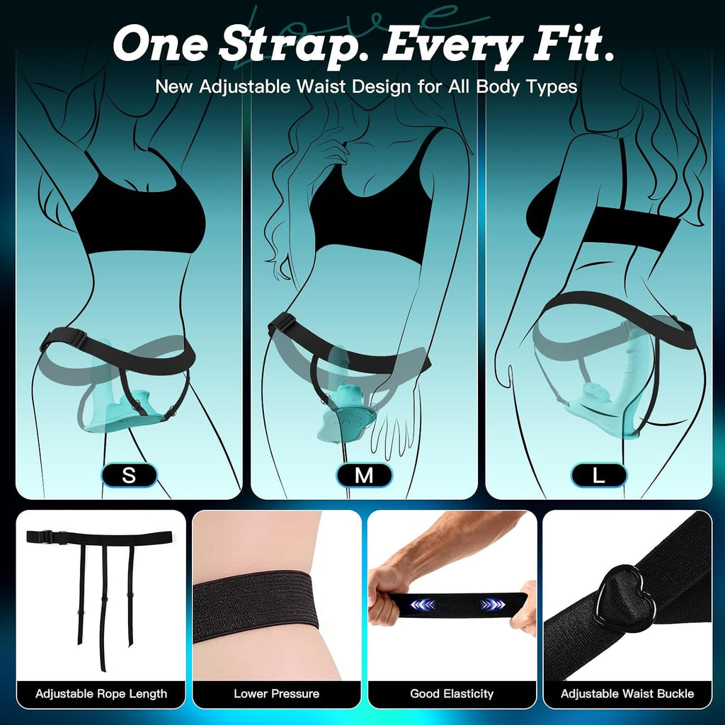 Teal wearable thrusting toy with adjustable waist strap and rope accessory