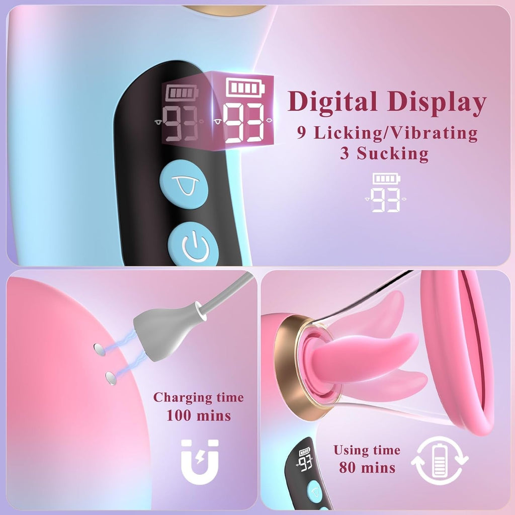 Black and pink personal massager with digital display and suction nozzle