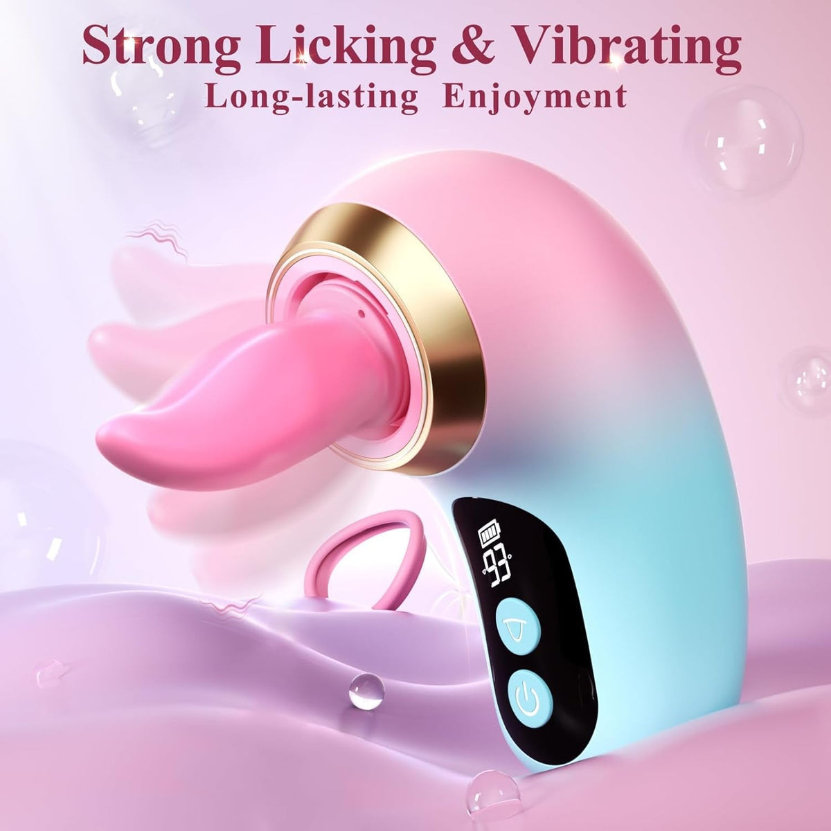 Pink and turquoise personal massager with suction nozzle and black side control panel