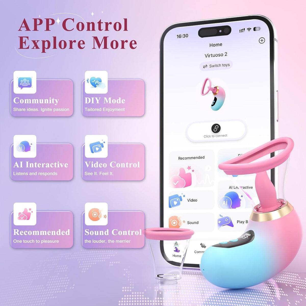 Pink and turquoise personal massager with suction nozzle, shown with app-control phone