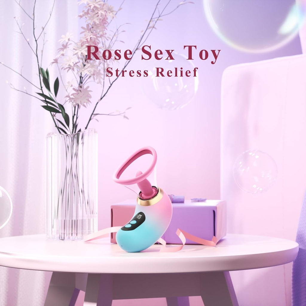 Pink and turquoise suction personal massager on tabletop with gold rim nozzle