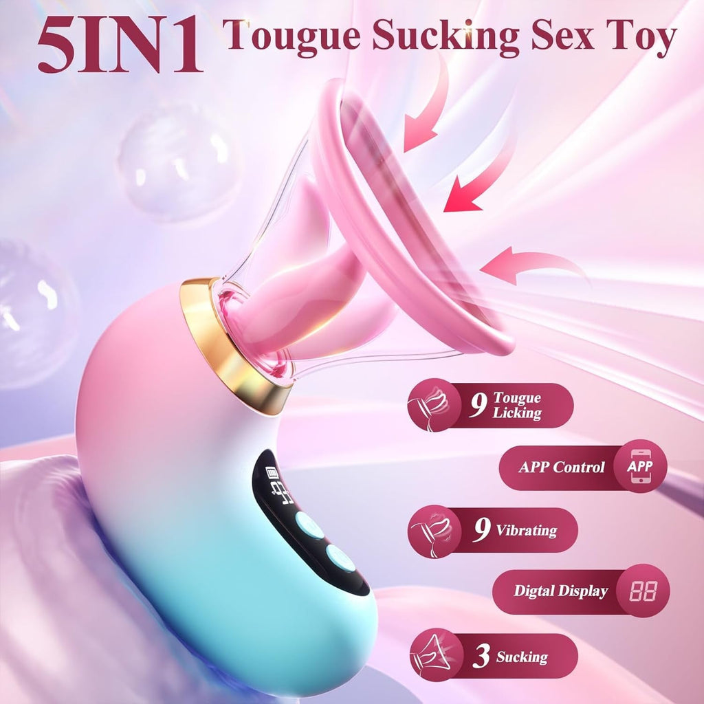 Pink and turquoise personal massager with curved suction head and control buttons