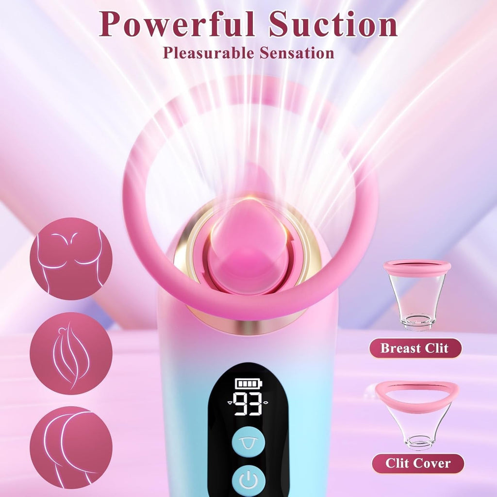 Pink and turquoise suction personal massager with circular gold rim and nozzle