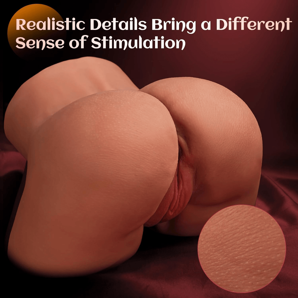 Adult stroker toy with two rounded ends and detailed textured surface
