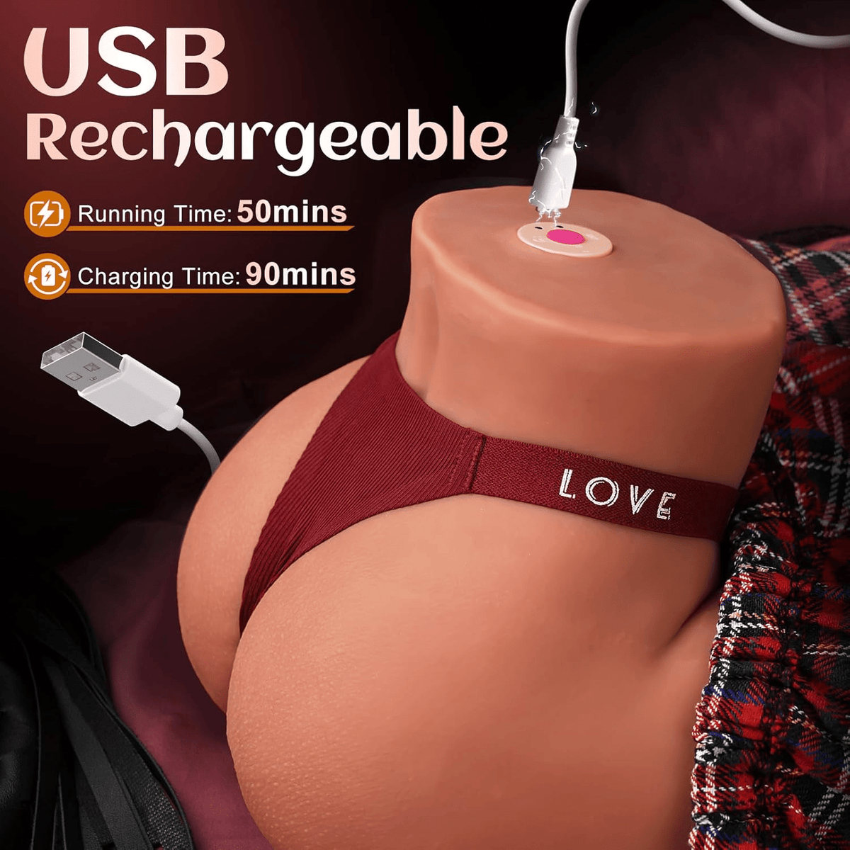 USB rechargeable adult stroker toy with fabric strap and charging cable