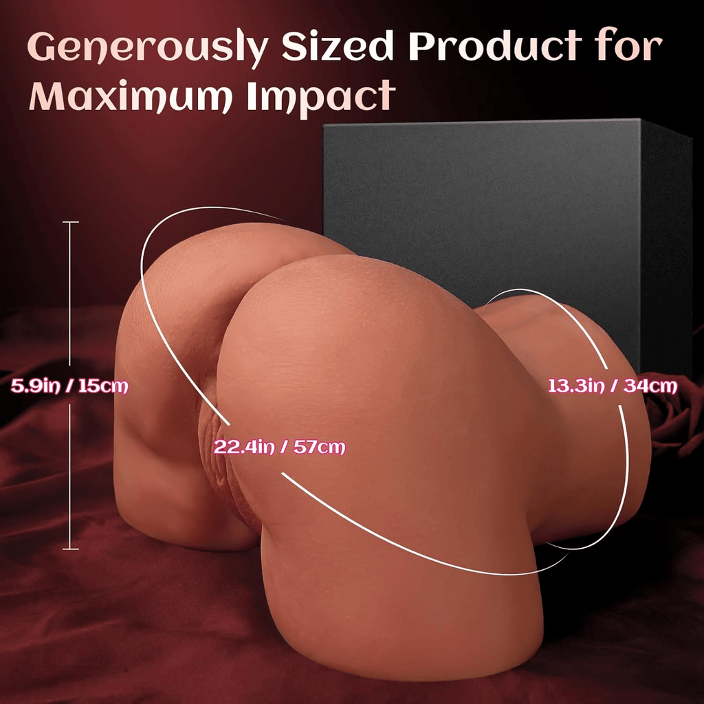 Adult stroker toy with curved shape and size dimension markers