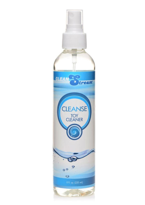 Blue 8 oz toy cleaner spray bottle with white mist pump and blue label