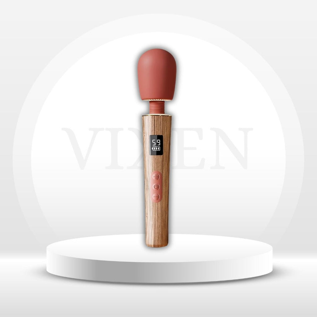 Ergonomic wand vibrator with brown wooden handle and matte red silicone head