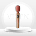 Ergonomic wand vibrator with brown wooden handle and matte red silicone head