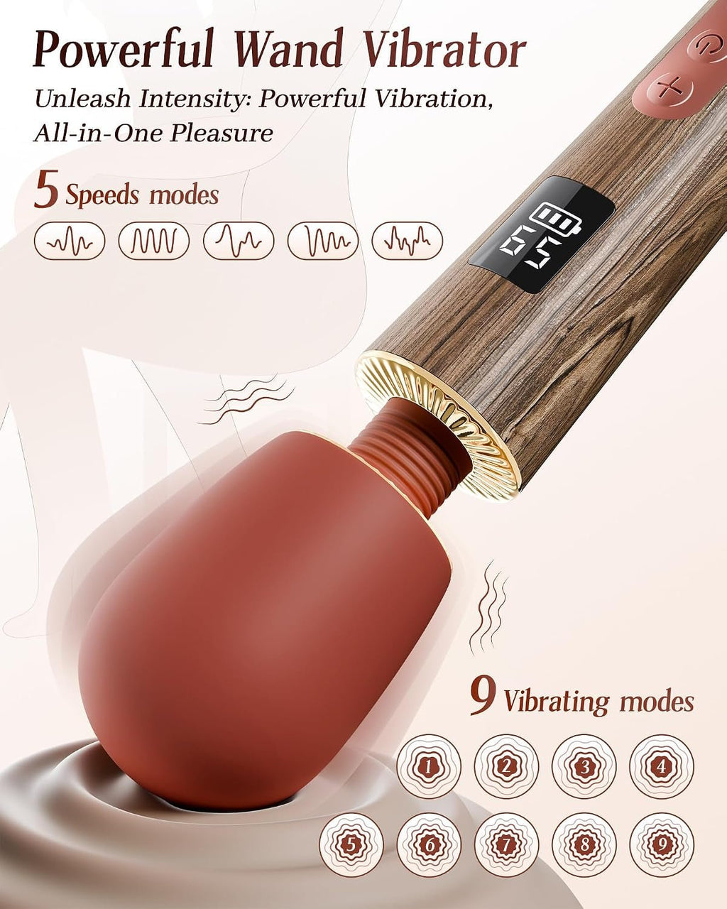 Wood-handled wand vibrator with red silicone head and black LED display