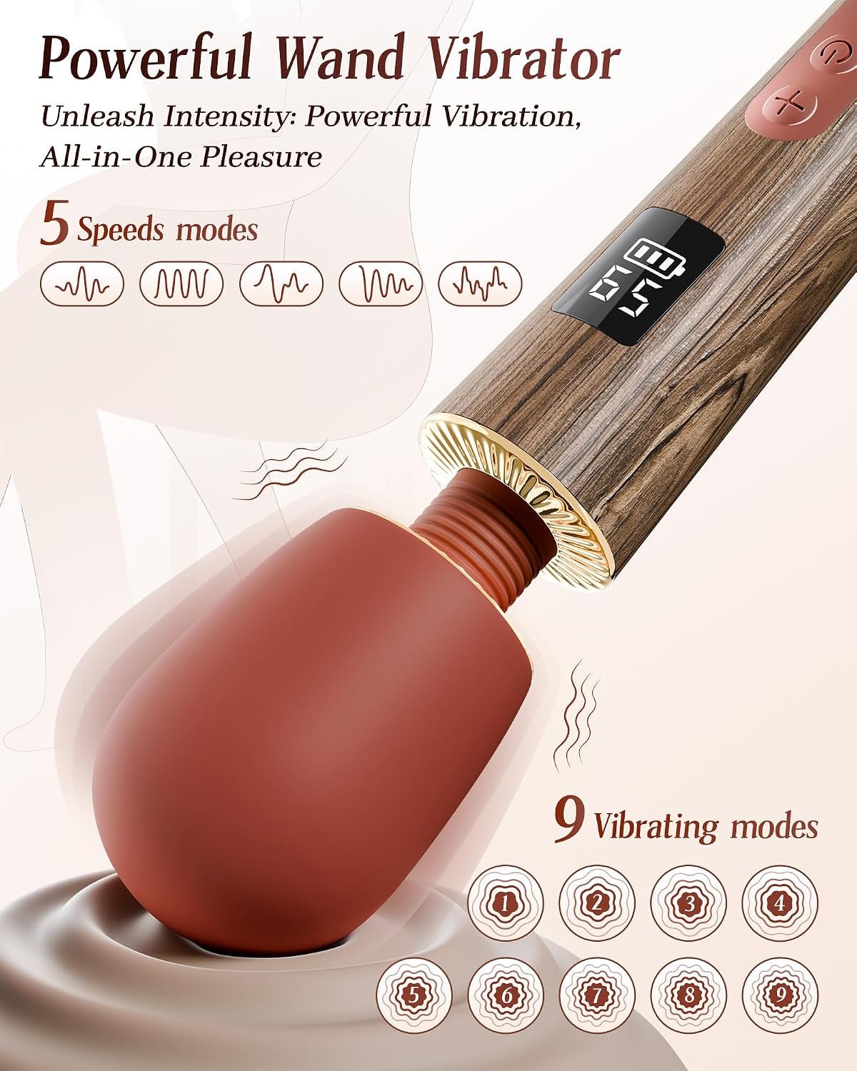 Wood-handled wand vibrator with red silicone head and black LED display