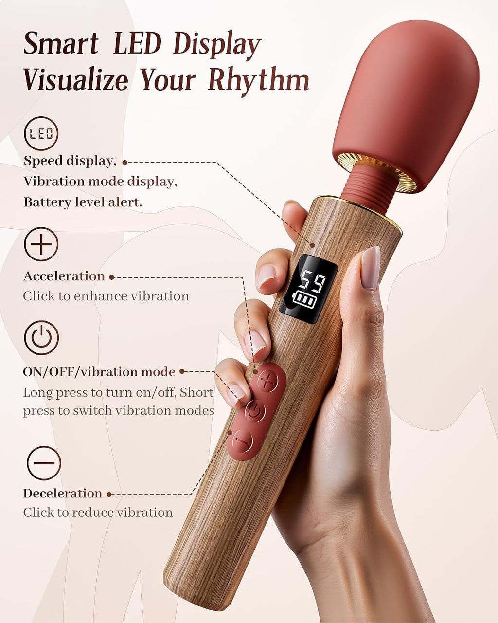 Wooden wand vibrator with red silicone head and black screen on handle