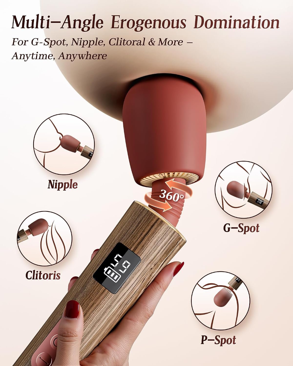 Brown wood wand vibrator with red silicone head, shown in hand