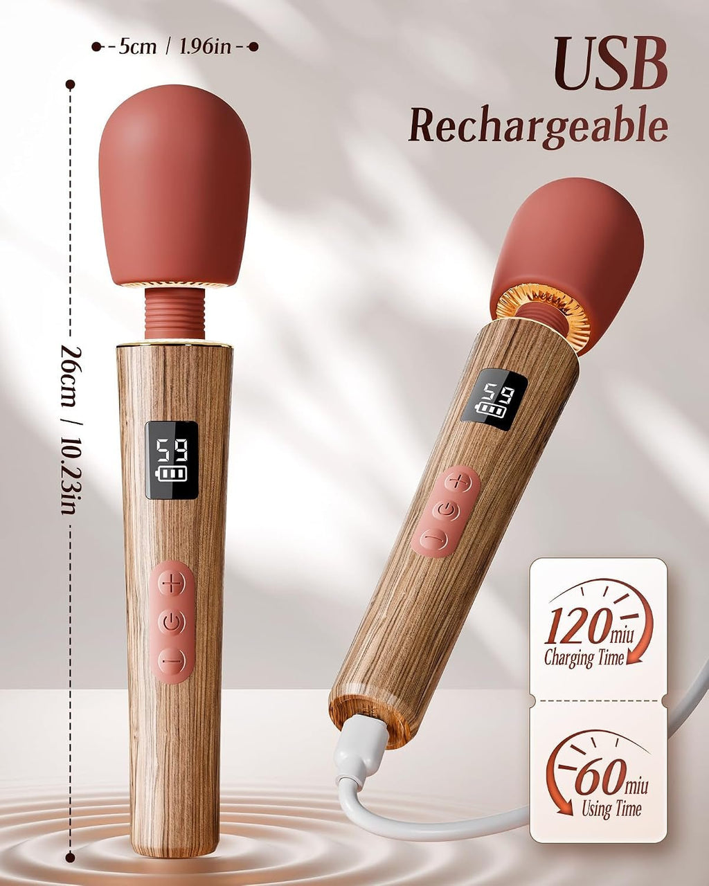 Rechargeable wand vibrator with brown wood handle, red silicone head, USB charging port