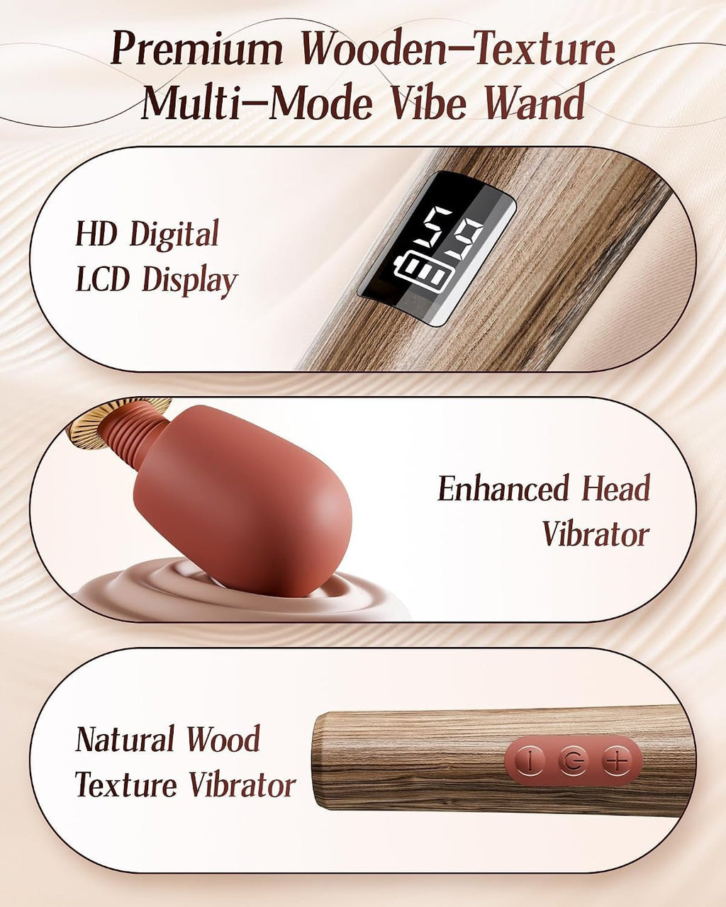 Multi-mode wand vibrator with brown wooden handle, red silicone head, LED display