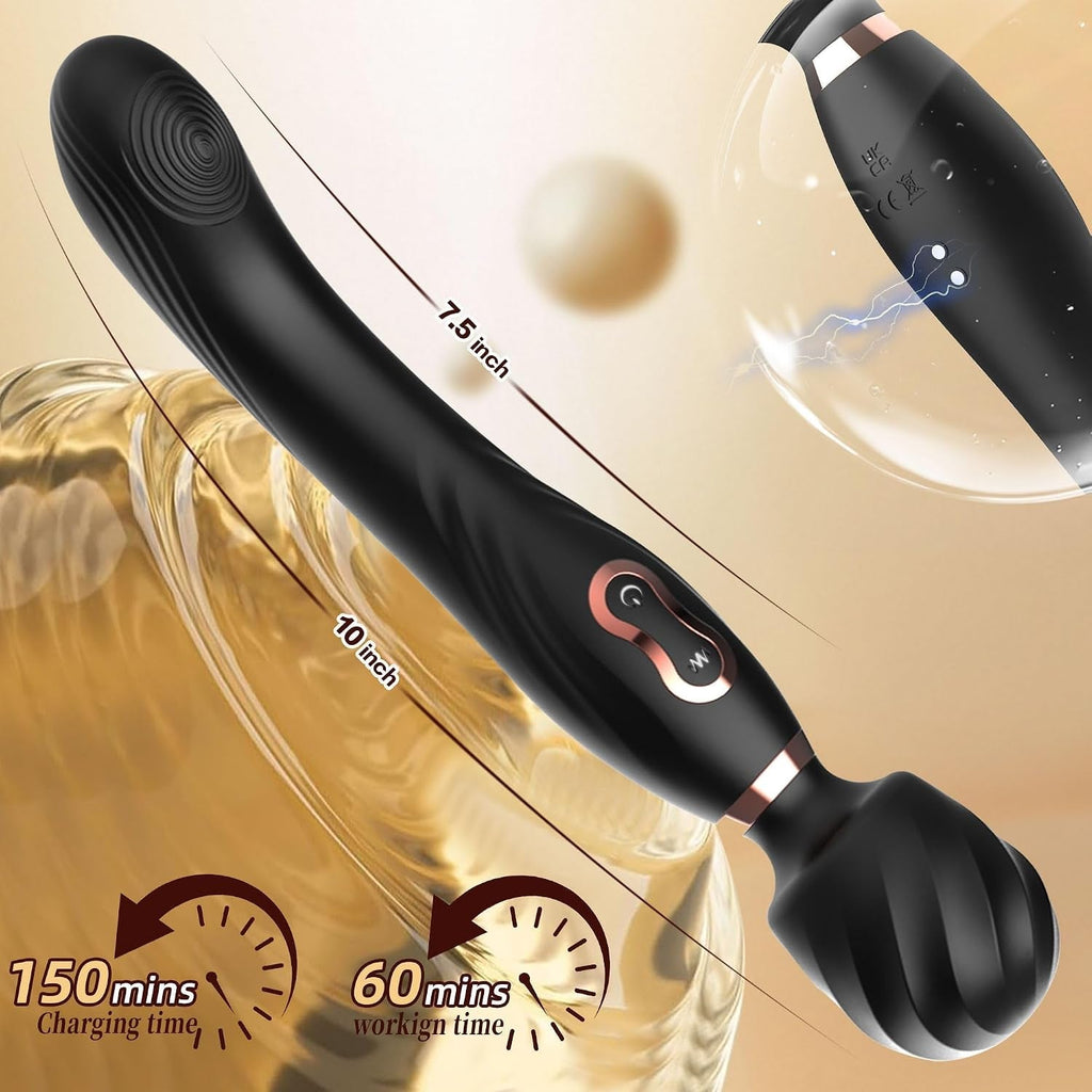Black dual-ended massage wand with ribbed end, curved shaft, and control panel