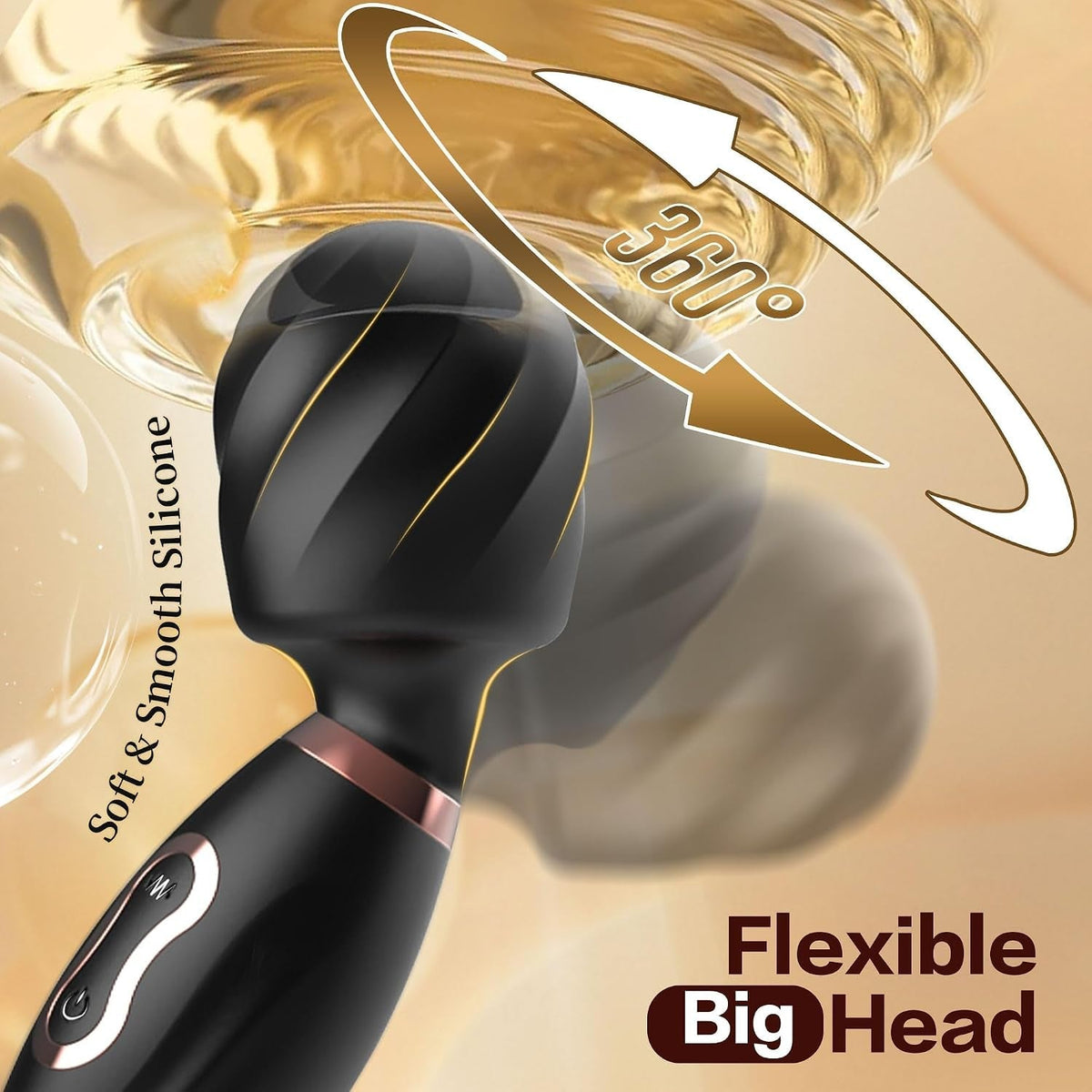 Black curved dual-ended wand with smooth silicone texture and red collar ring