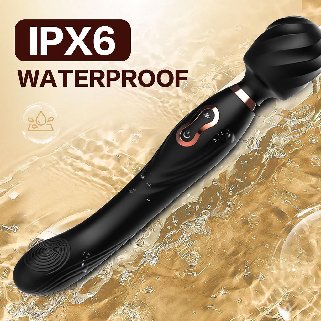 Black dual-ended massage wand with ribbed base, curved shaft, and red-lit button